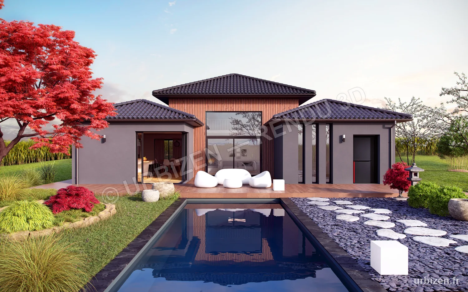 Rendu 3D d'une maison contemporaine aux lignes japonisantes avec jardin zen et piscine.