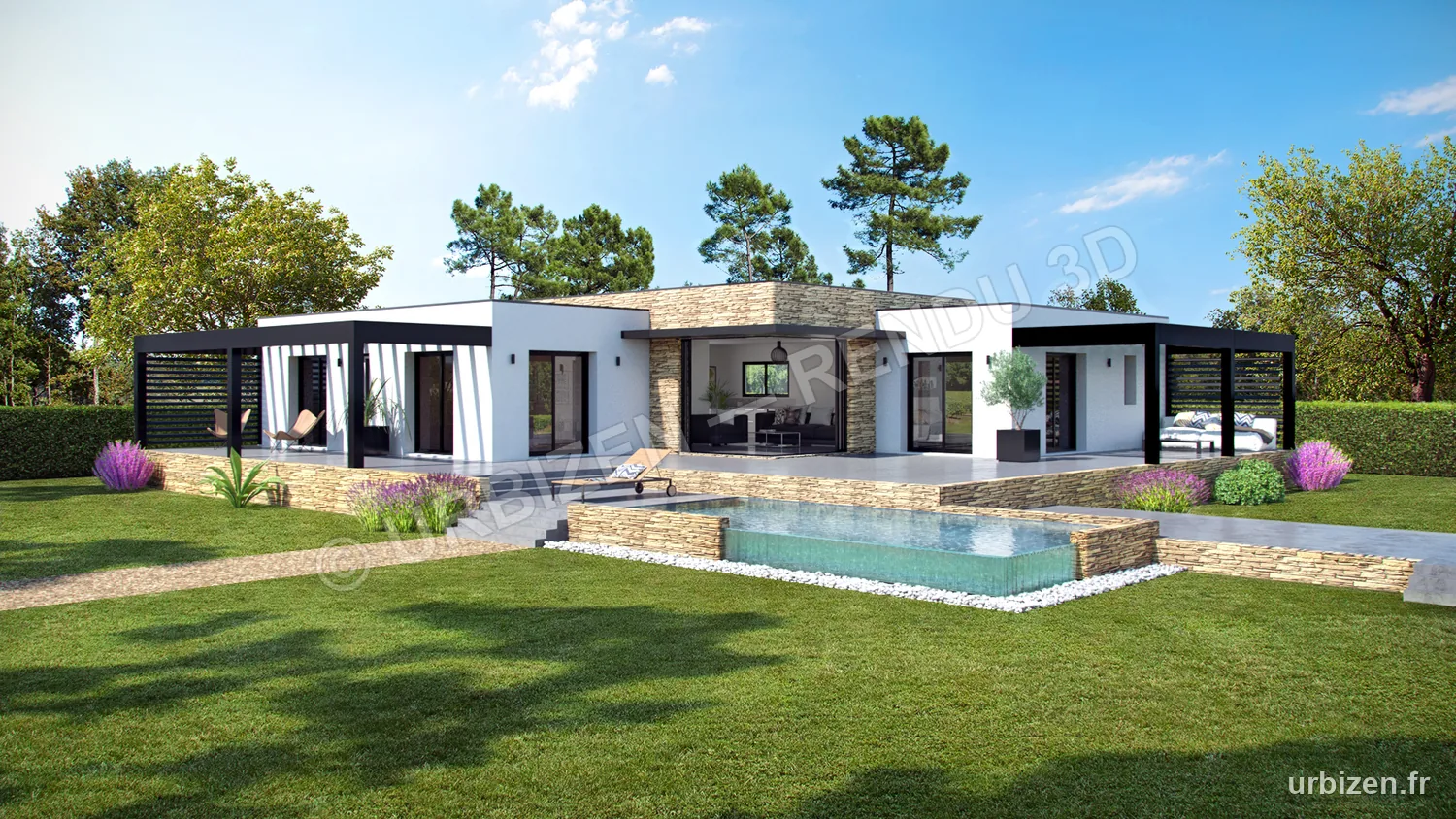 Rendu 3D d'une maison contemporaine avec parement pierre, pergolas et piscine.