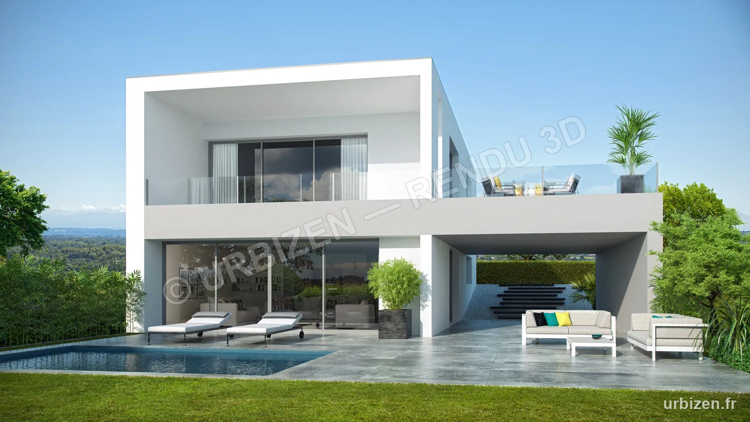 Rendu 3D d'une maison moderne à étage avec toit-terrasse et larges baies vitrées.