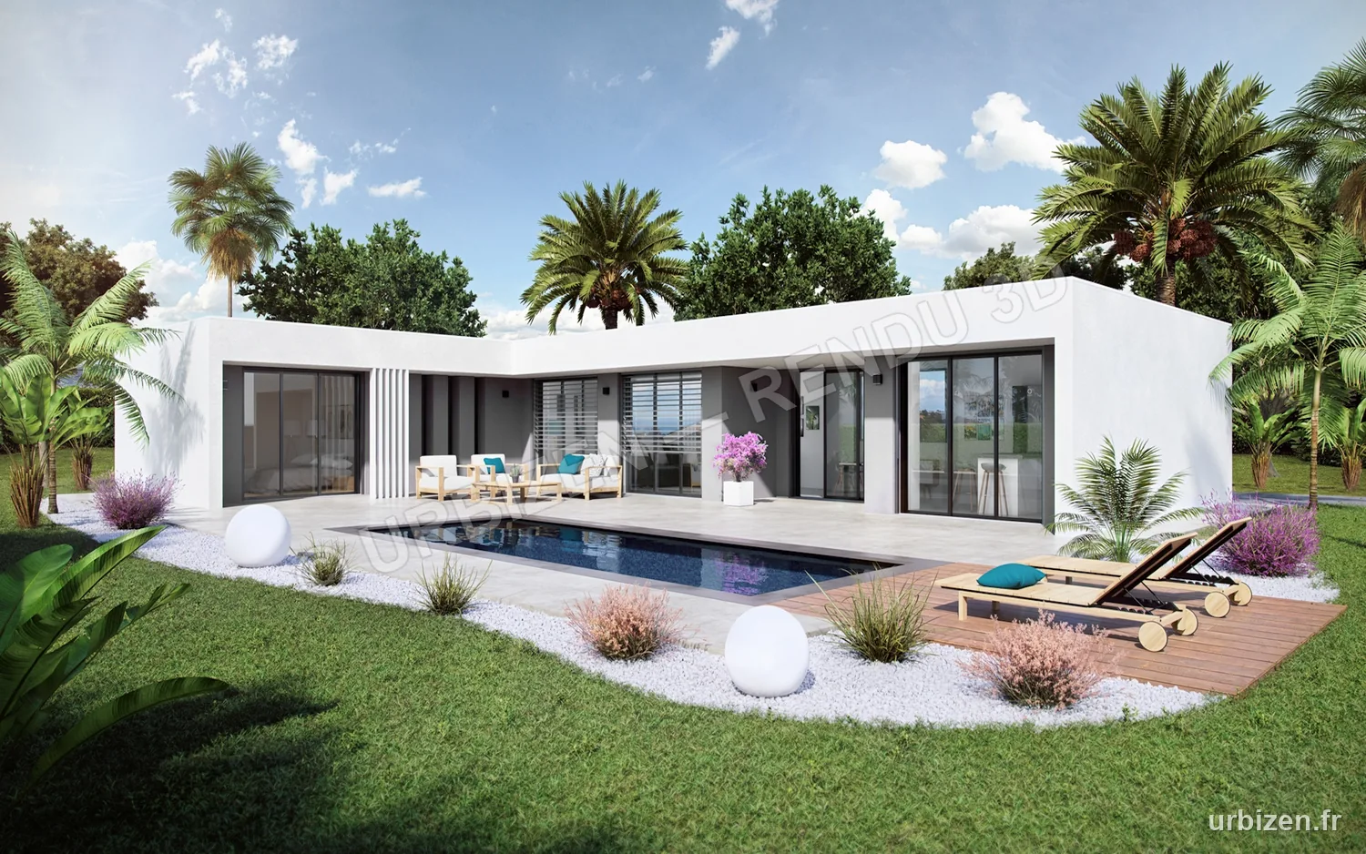 Rendu 3D d'une maison de plain-pied organisée autour d'un patio et d'une terrasse centrale.