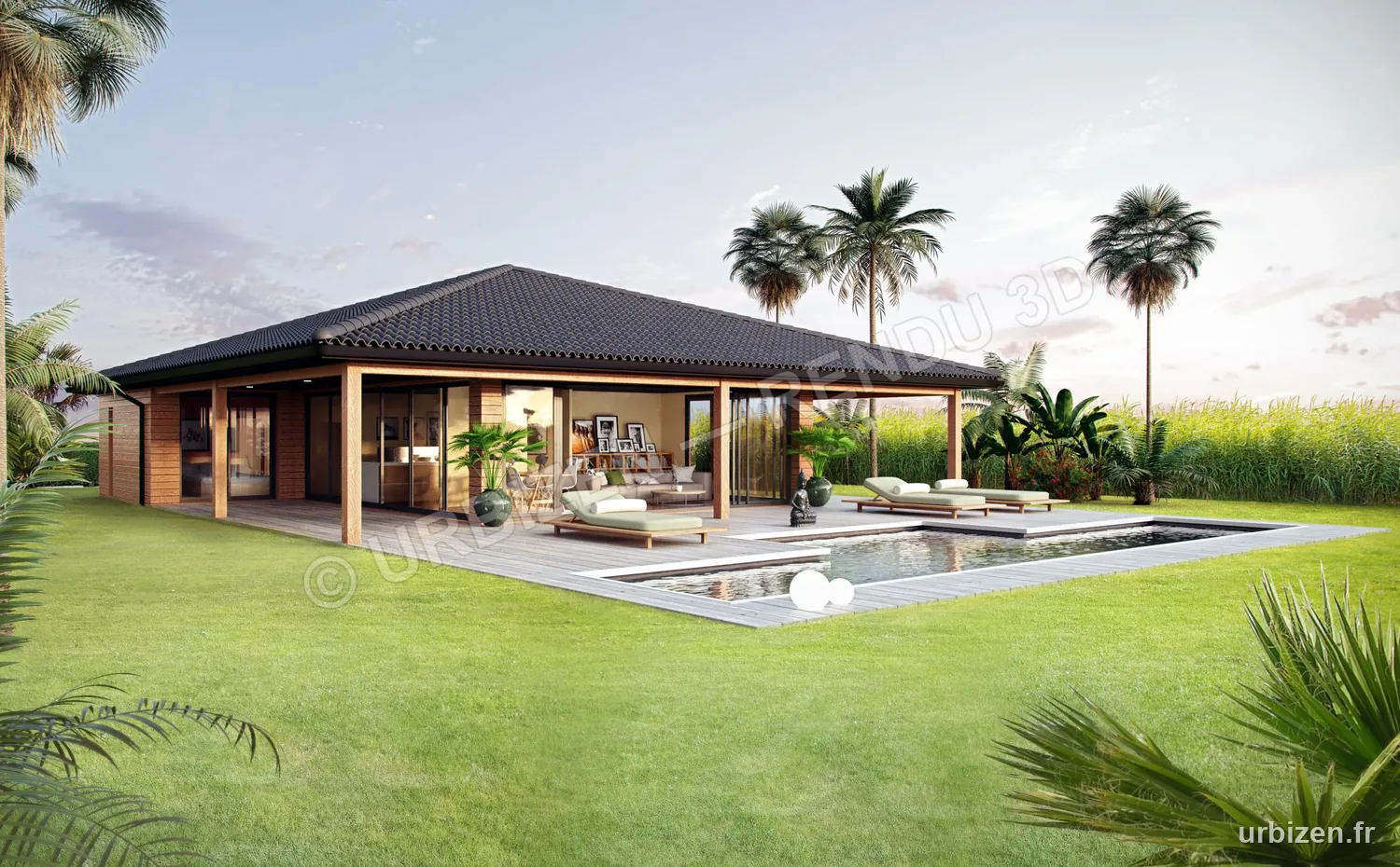 Rendu 3D de la maison Bali, de plain-pied avec terrasse couverte et piscine.