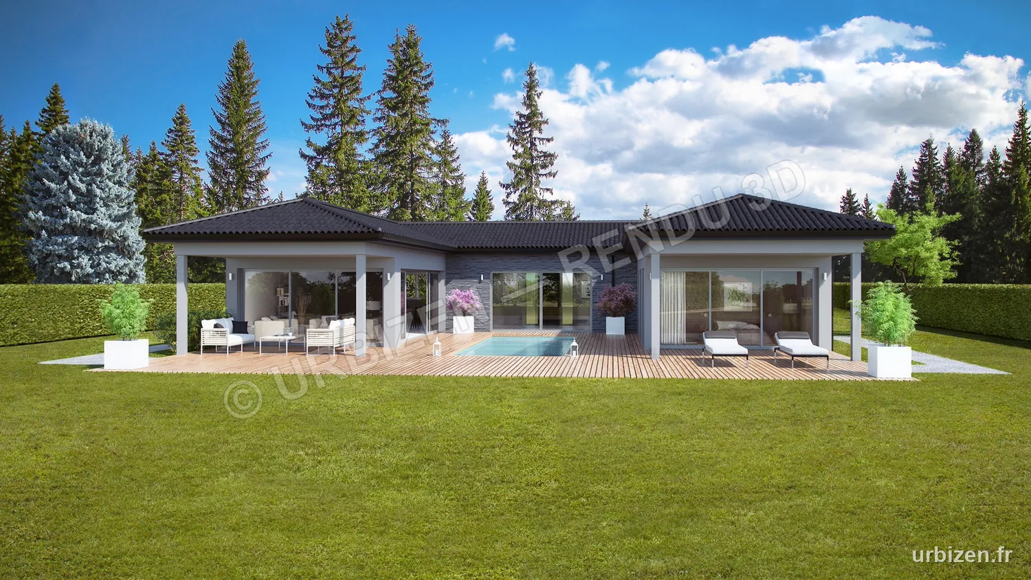 Rendu 3D d'une maison de plain-pied contemporaine avec toiture en tuiles et piscine.