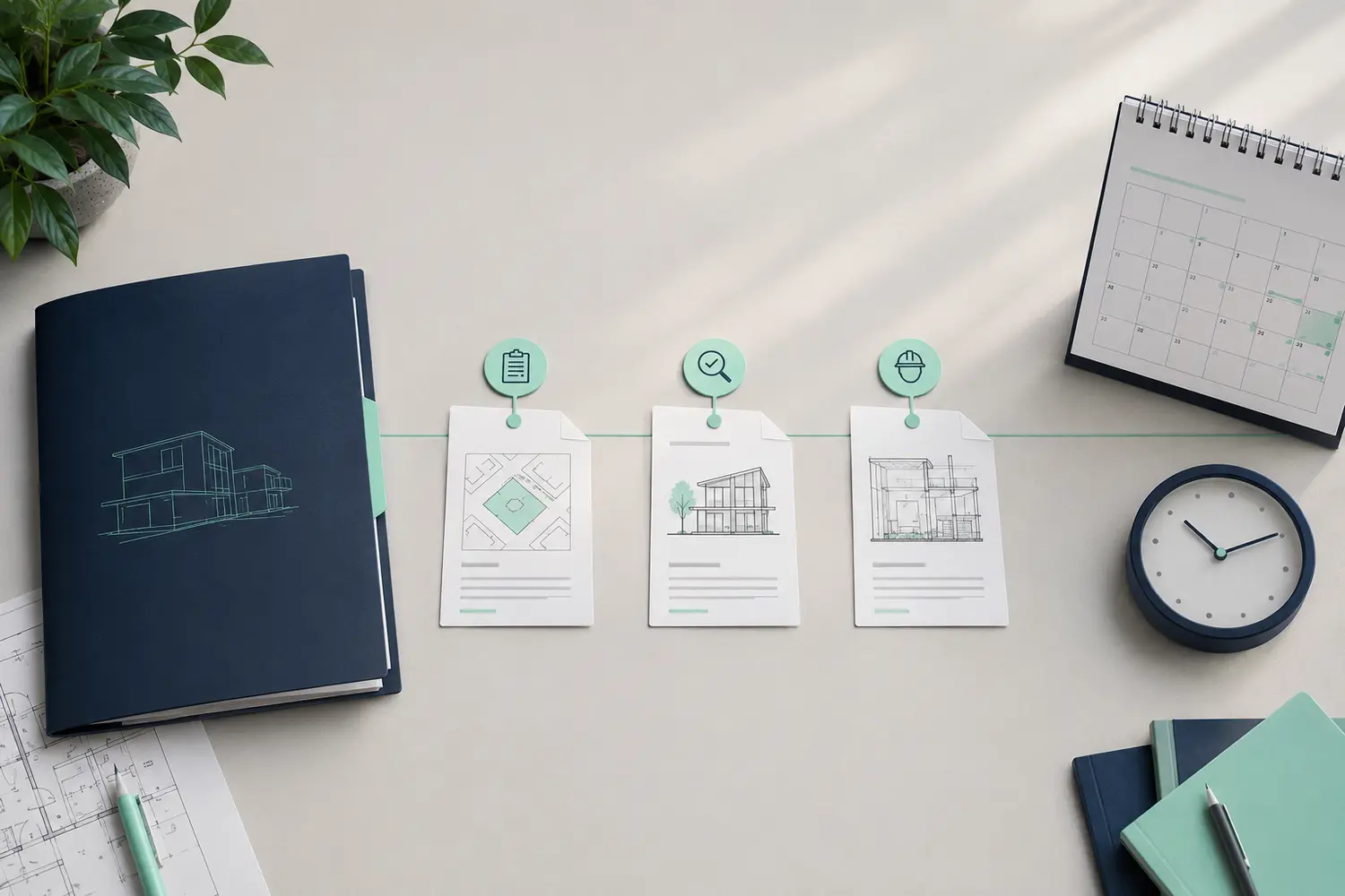 Calendrier et étapes d’un dossier d’urbanisme présentés sur un bureau, illustration fictive.