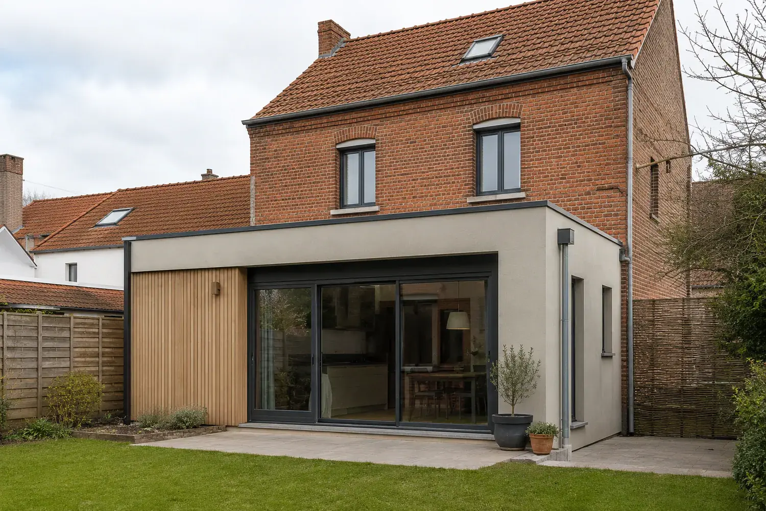 Extension contemporaine en rez-de-chaussée accolée à une maison en brique, projet fictif.