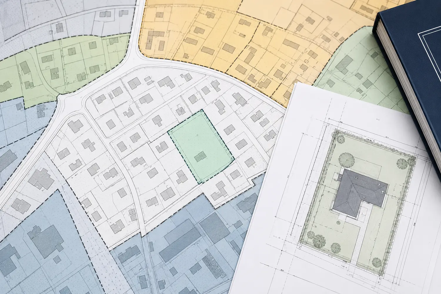 Plan de zonage urbain avec une parcelle mise en évidence, territoire fictif.