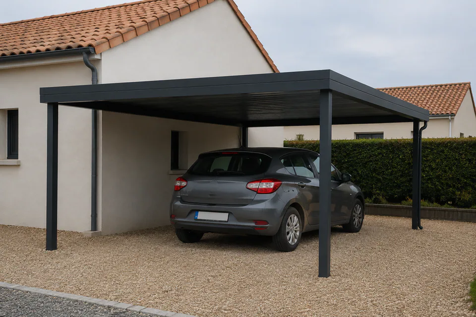 Carport en aluminium implanté sur l'accès d'une maison, illustration d'un projet fictif.