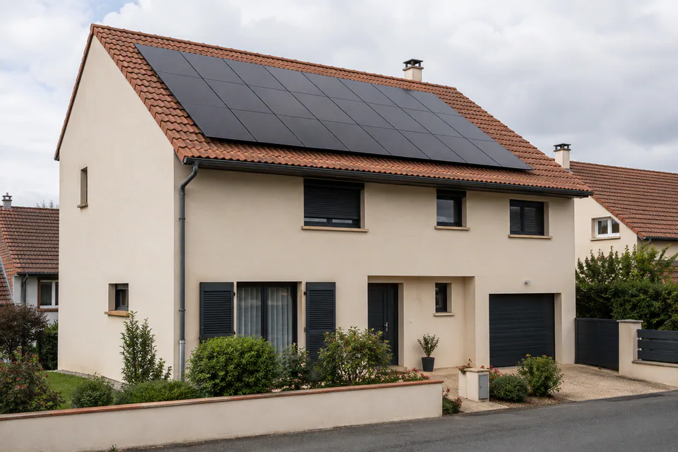Panneaux photovoltaïques alignés sur un pan de toiture en tuiles, illustration d'un projet fictif.