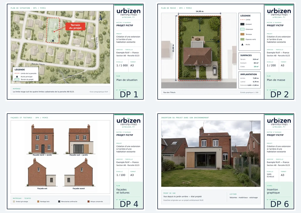 Ensemble des planches d'un dossier de déclaration préalable Urbizen — plan de situation, plan de masse, plan en coupe, façades et toitures, insertion graphique et photographies — présentées côte à côte avec leur cartouche, sur un projet fictif.