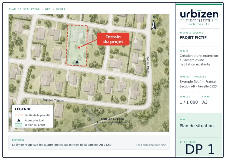 Plan de situation DP1 Urbizen localisant une parcelle fictive dans la commune.