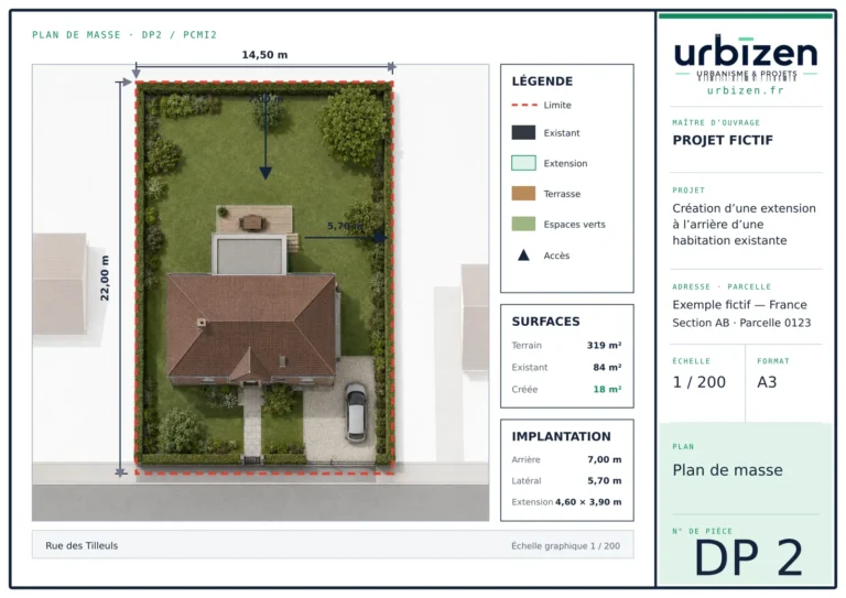 Plan de masse coté d’une extension à l’arrière d’une maison, avec les distances aux limites et le récapitulatif des surfaces, sous cartouche Urbizen — projet fictif.