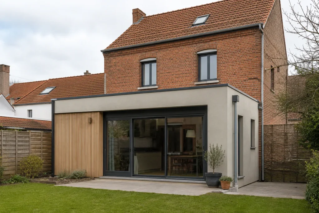 Extension contemporaine sobre accolée à l’arrière d’une maison en brique, illustration d’un projet fictif.
