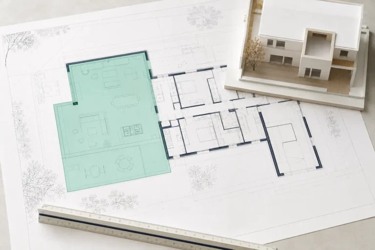 Plan de maison avec surface mise en évidence et maquette architecturale, projet fictif.