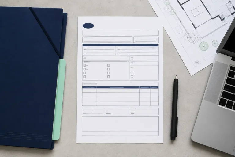 Formulaire administratif, dossier et plan de maison disposés sur un bureau, projet fictif.