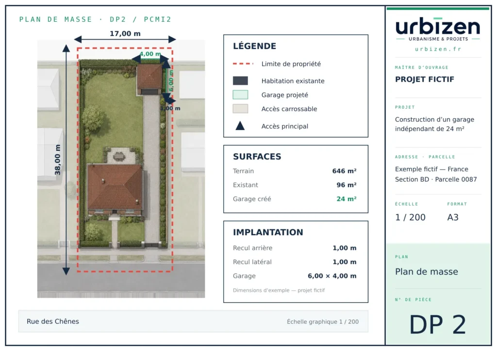 Plan de masse Urbizen d’un garage indépendant avec cotes aux limites, projet fictif.