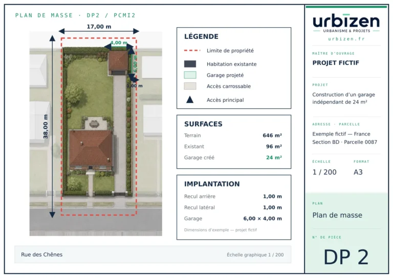 Plan de masse Urbizen d’un garage indépendant avec cotes aux limites, projet fictif.