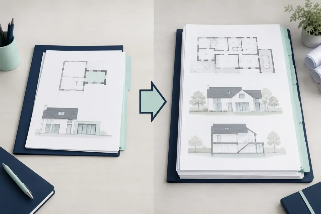 Deux dossiers de plans de tailles différentes illustrant la comparaison entre deux démarches.