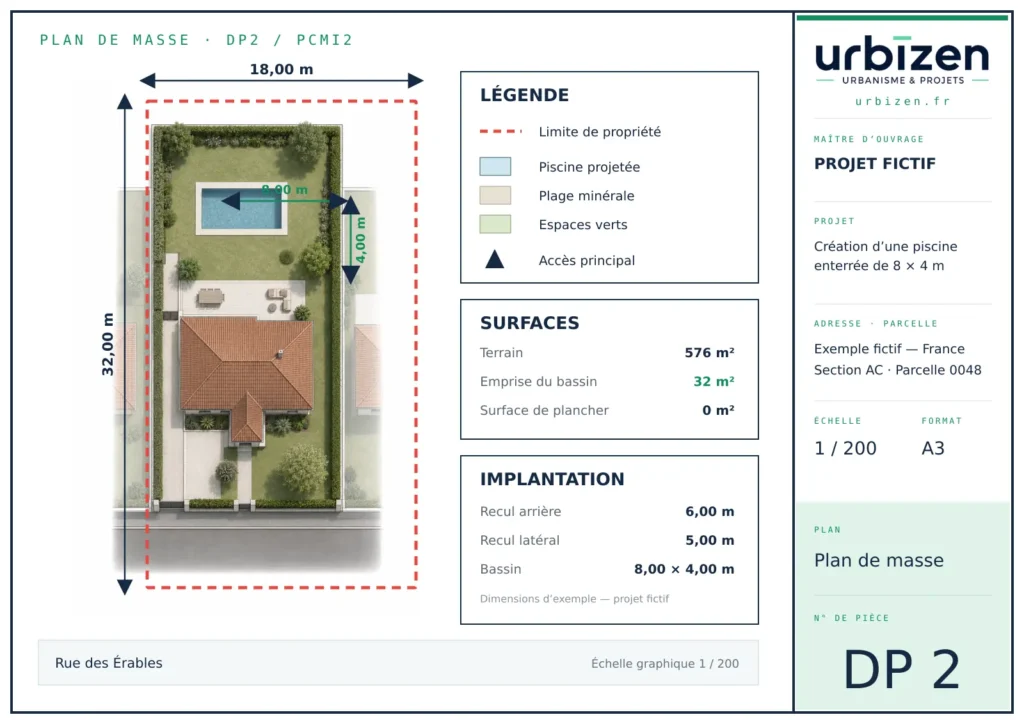 Plan de masse Urbizen d’une piscine distinguant emprise au sol et surface de plancher, projet fictif.