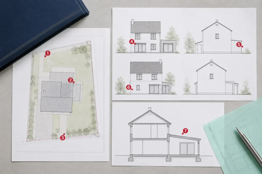 Sept points de contrôle repérés sur les plans d’une maison individuelle fictive.