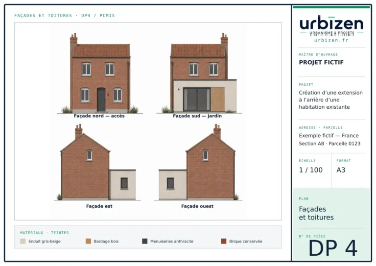 Planche Urbizen présentant les quatre façades d’une maison avec extension, projet fictif.