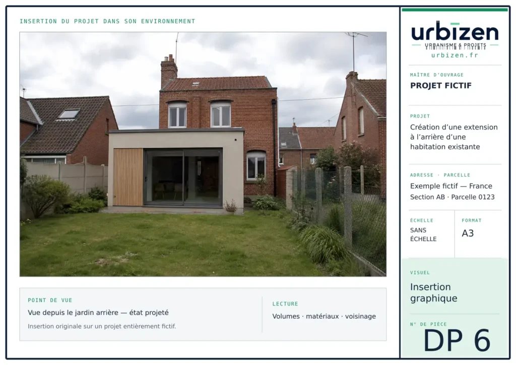 Insertion graphique Urbizen d’une extension contemporaine sur une maison en brique, projet fictif.