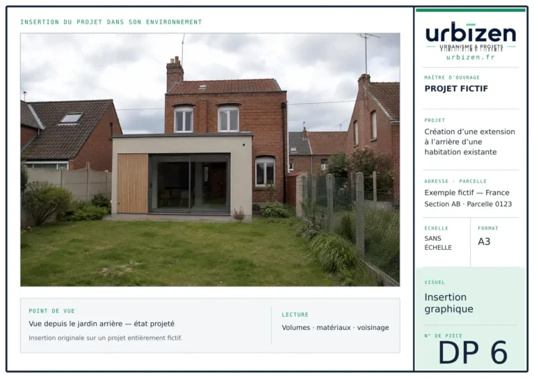 Insertion graphique Urbizen d’une extension contemporaine sur une maison en brique, projet fictif.