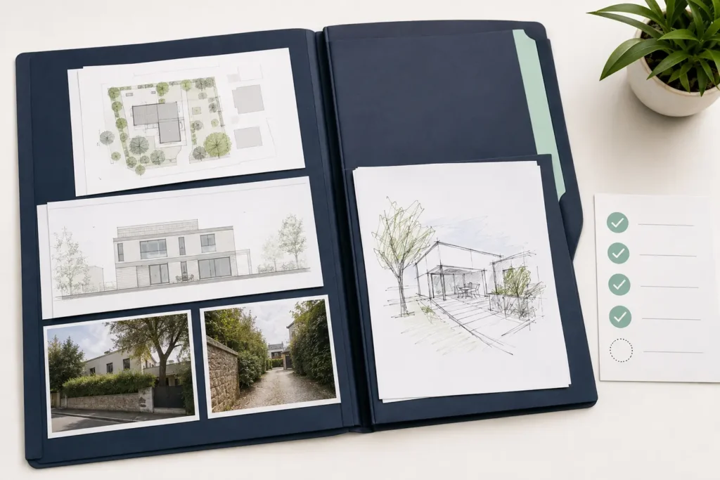 Dossier réunissant plans, photographies, croquis et liste de pièces, projet fictif.