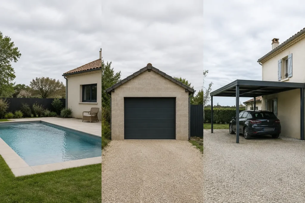 Piscine, garage indépendant et carport présentés dans trois projets résidentiels fictifs.