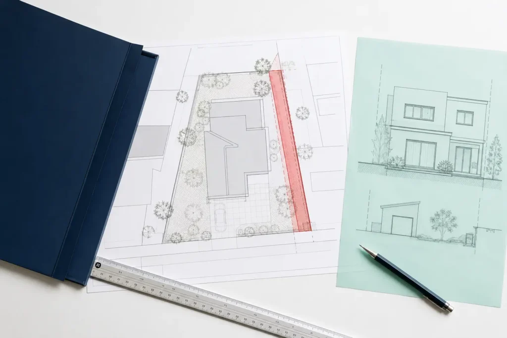 Plan de maison avec une zone à corriger mise en évidence, projet fictif.