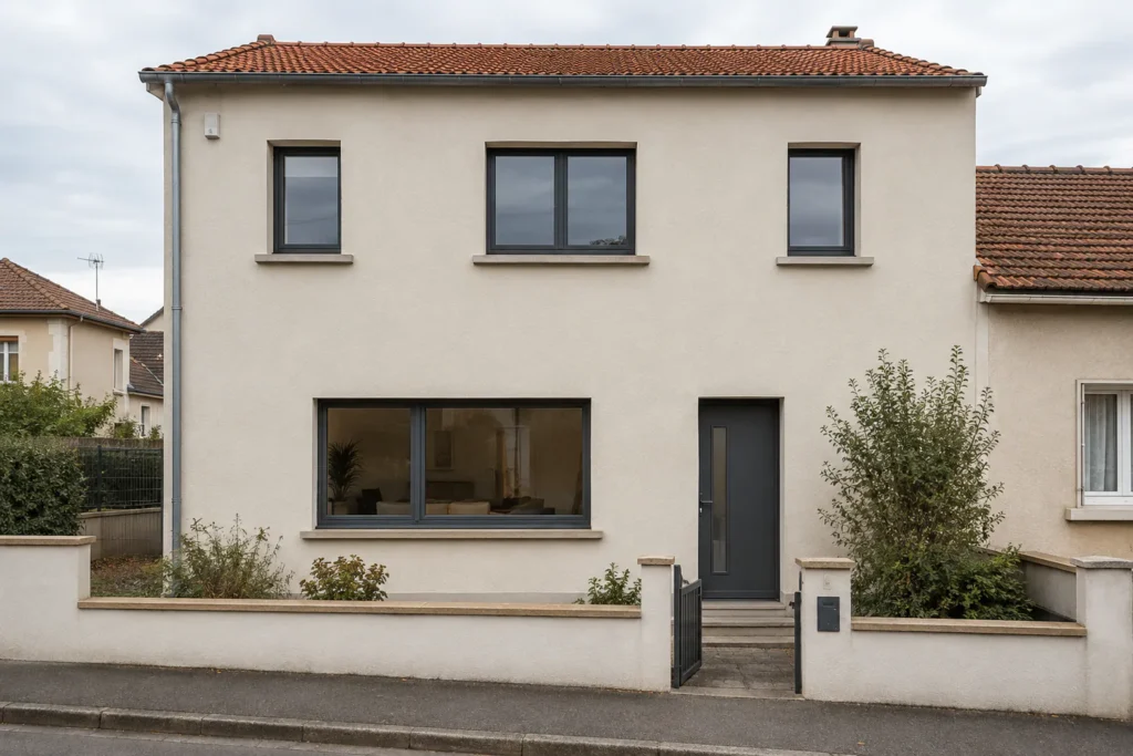Façade de maison avec une grande ouverture et des menuiseries anthracite, illustration d’un projet fictif.