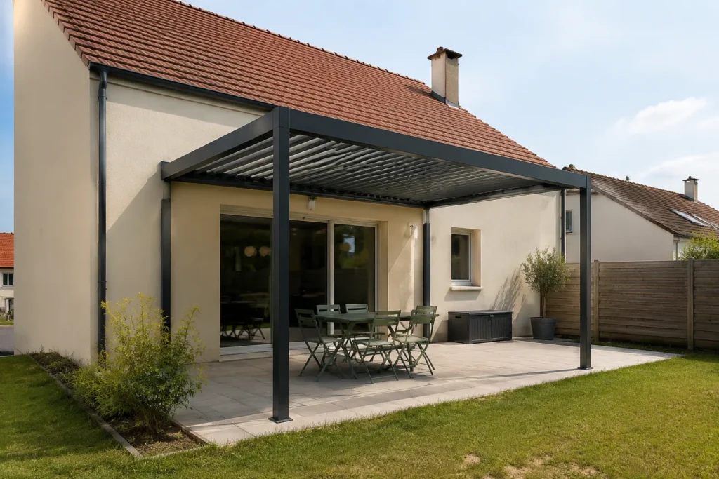 Pergola en aluminium adossée à la façade arrière d’une maison, illustration d’un projet fictif.