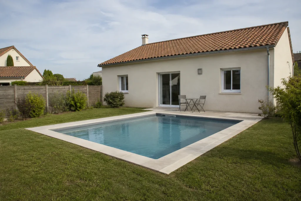 Piscine rectangulaire implantée dans le jardin d’une maison individuelle, illustration d’un projet fictif.