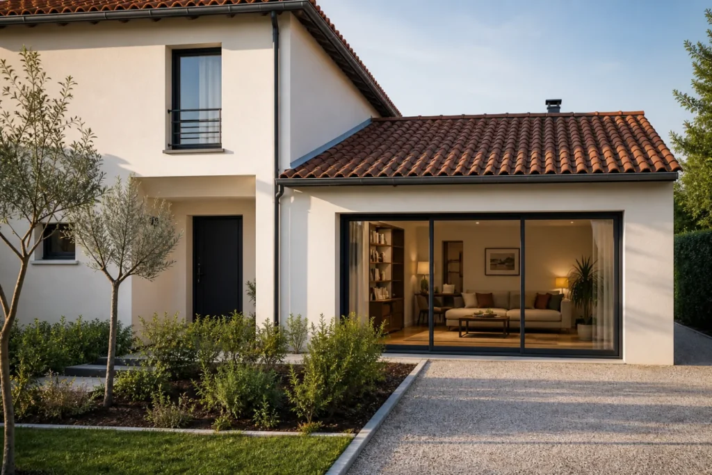 Façade de maison dont le garage a été transformé en pièce de vie avec une large baie vitrée, illustration d’un projet fictif.
